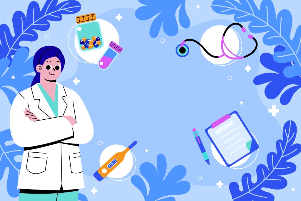 Illustration: clinician with medical icons on a calm blue background